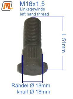 Vorderachs-Radbolzen links  (Scheibenbremse, FT 125-190, wie Original, Linksgewinde, L=51mm)