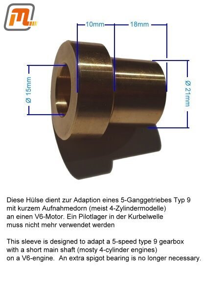 Schaltgetriebe-Umbauhülse für Pilotlager zum Anbau eines OHC-Getriebes an einen V6-Motor  (5-Gang, Typ 9, Bronzebuchse)